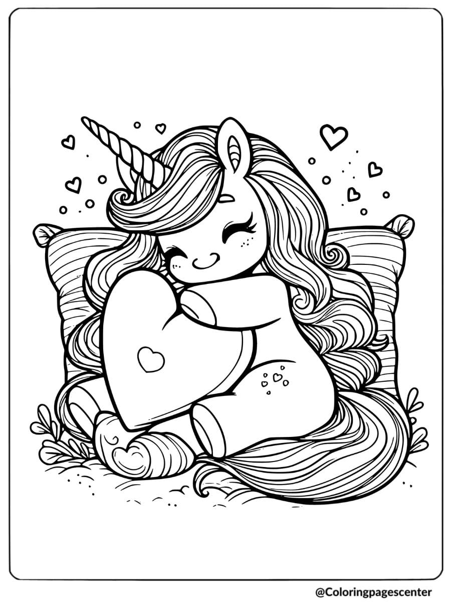 Unicorn hugging Valentine pillow coloring page