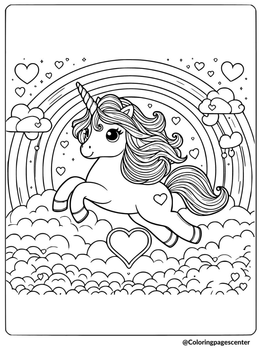 Valentine Unicorn jumping over rainbow coloring page