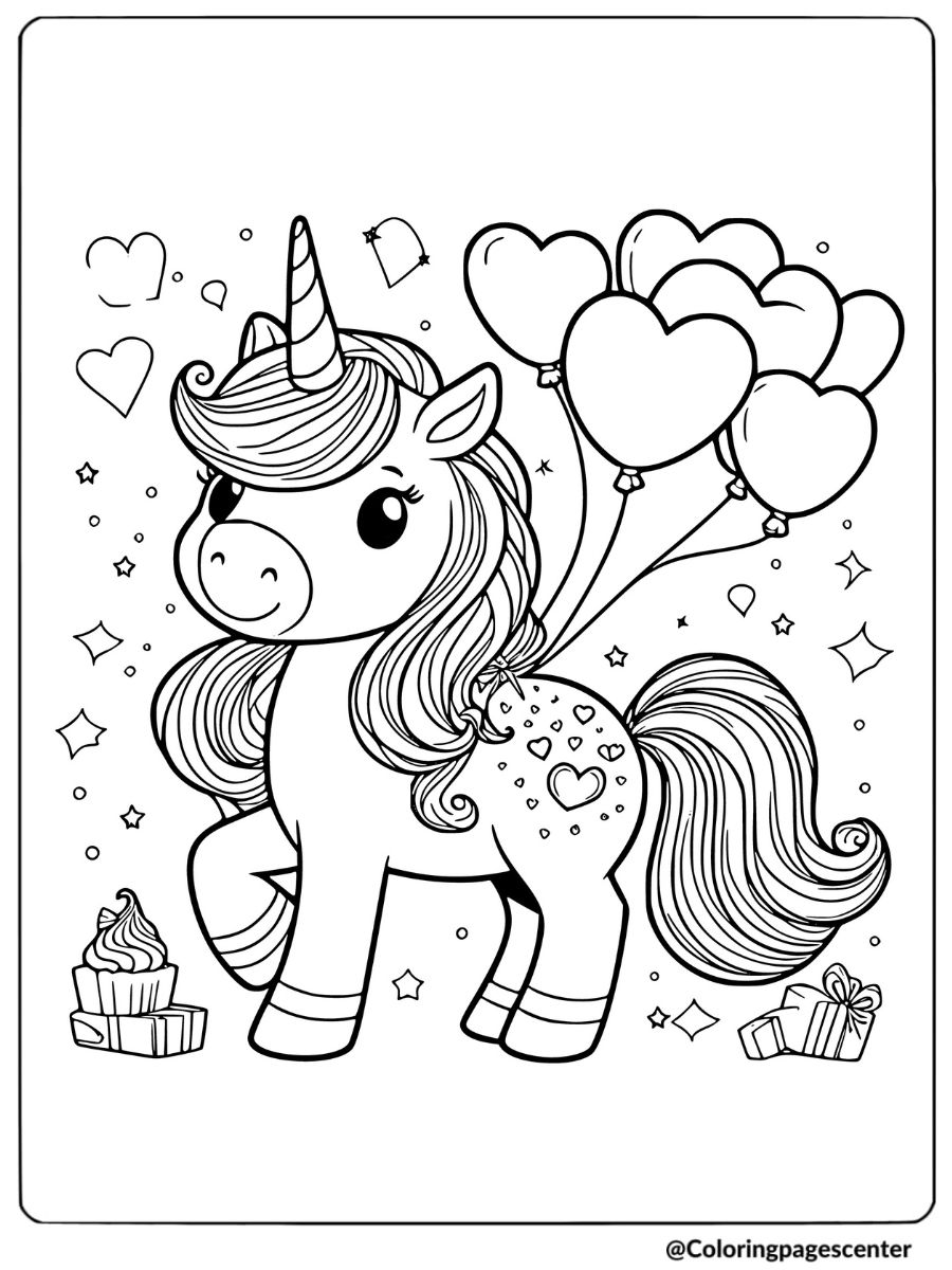 Unicorn holding Valentine balloons coloring page