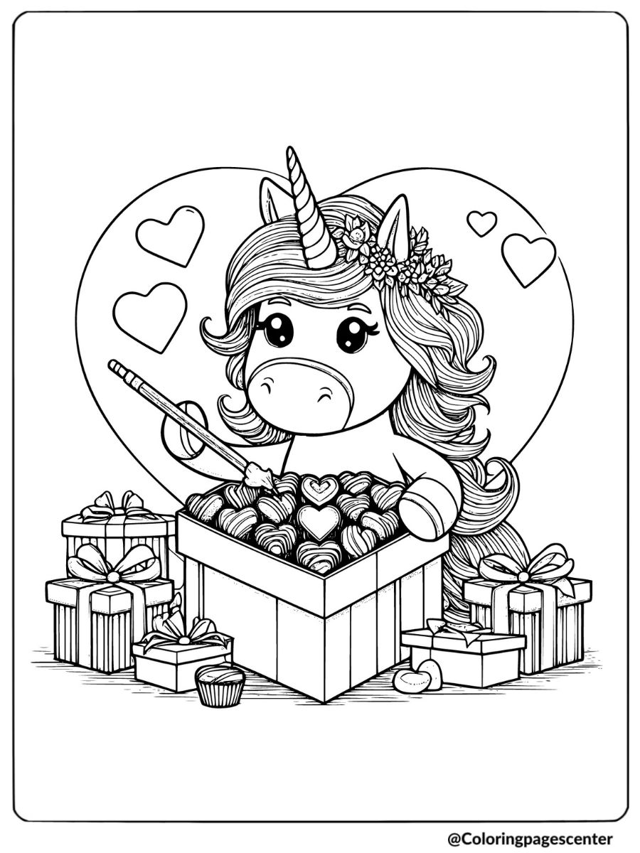 Unicorn surrounded by Valentine gifts coloring page