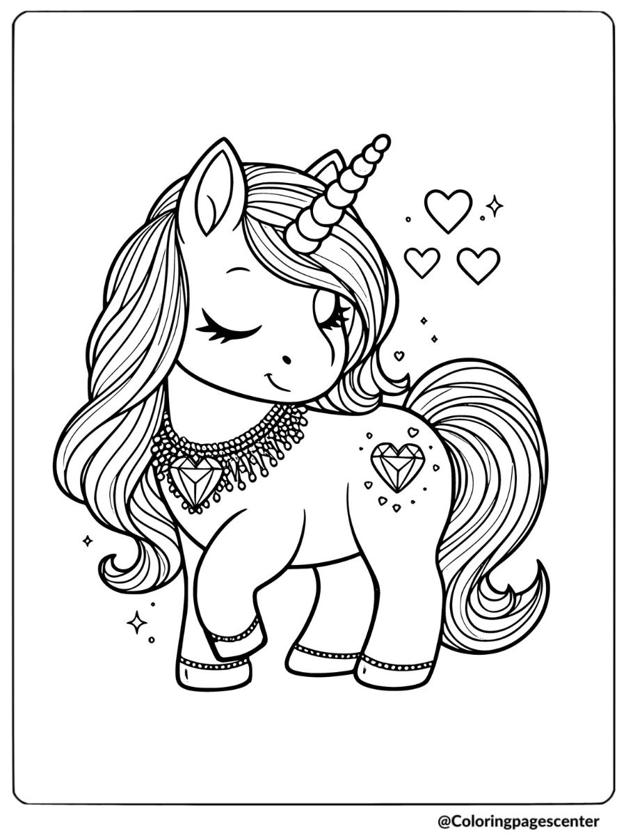 Valentine Unicorn wearing necklace coloring page