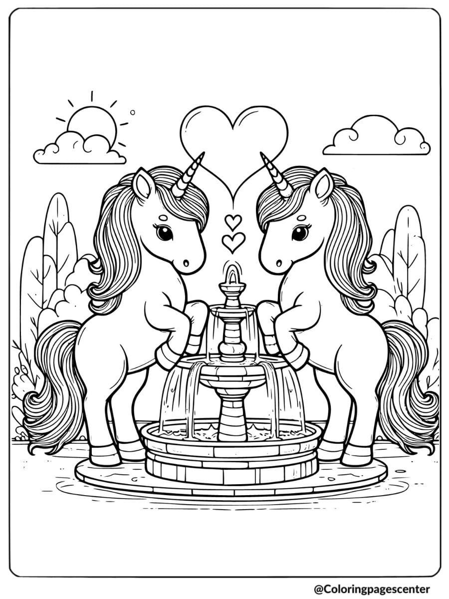 Two Valentine unicorns at a fountain coloring page