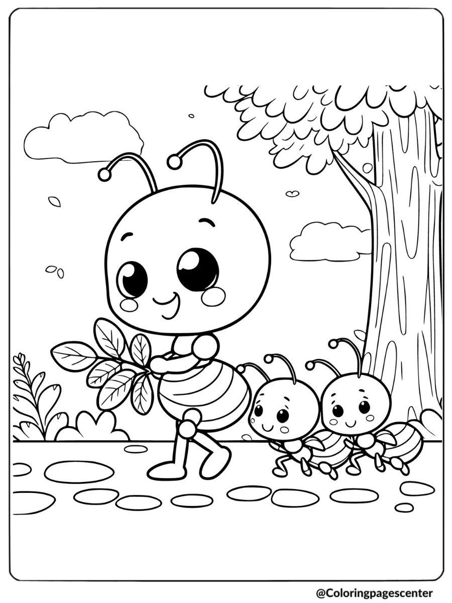 Coloring page of an ant insect family walking together