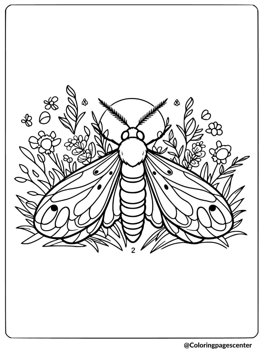 Coloring page of a moth bug with wings open and flowers