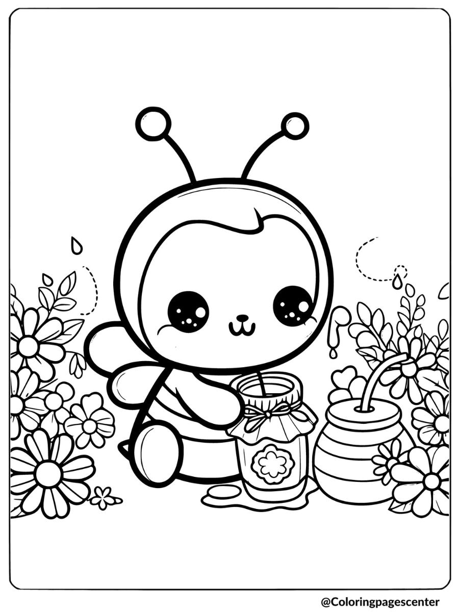 Coloring page of a bee bug with a honey jar and flowers