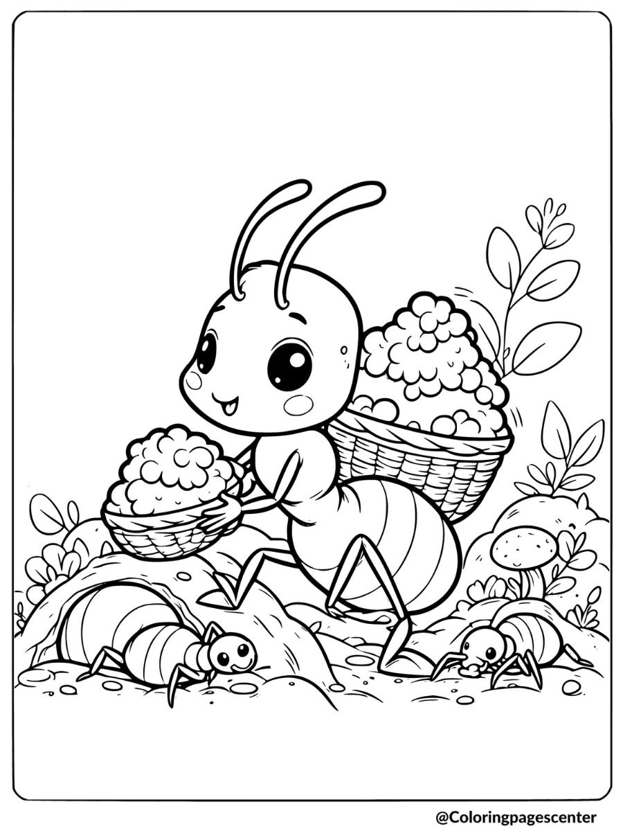 Coloring page of an ant bug carrying food baskets