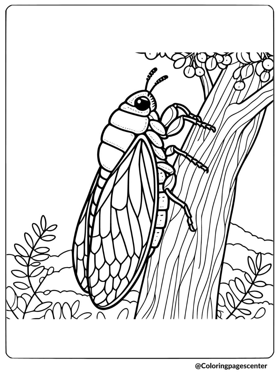 Coloring page of a cicada insect on a tree trunk