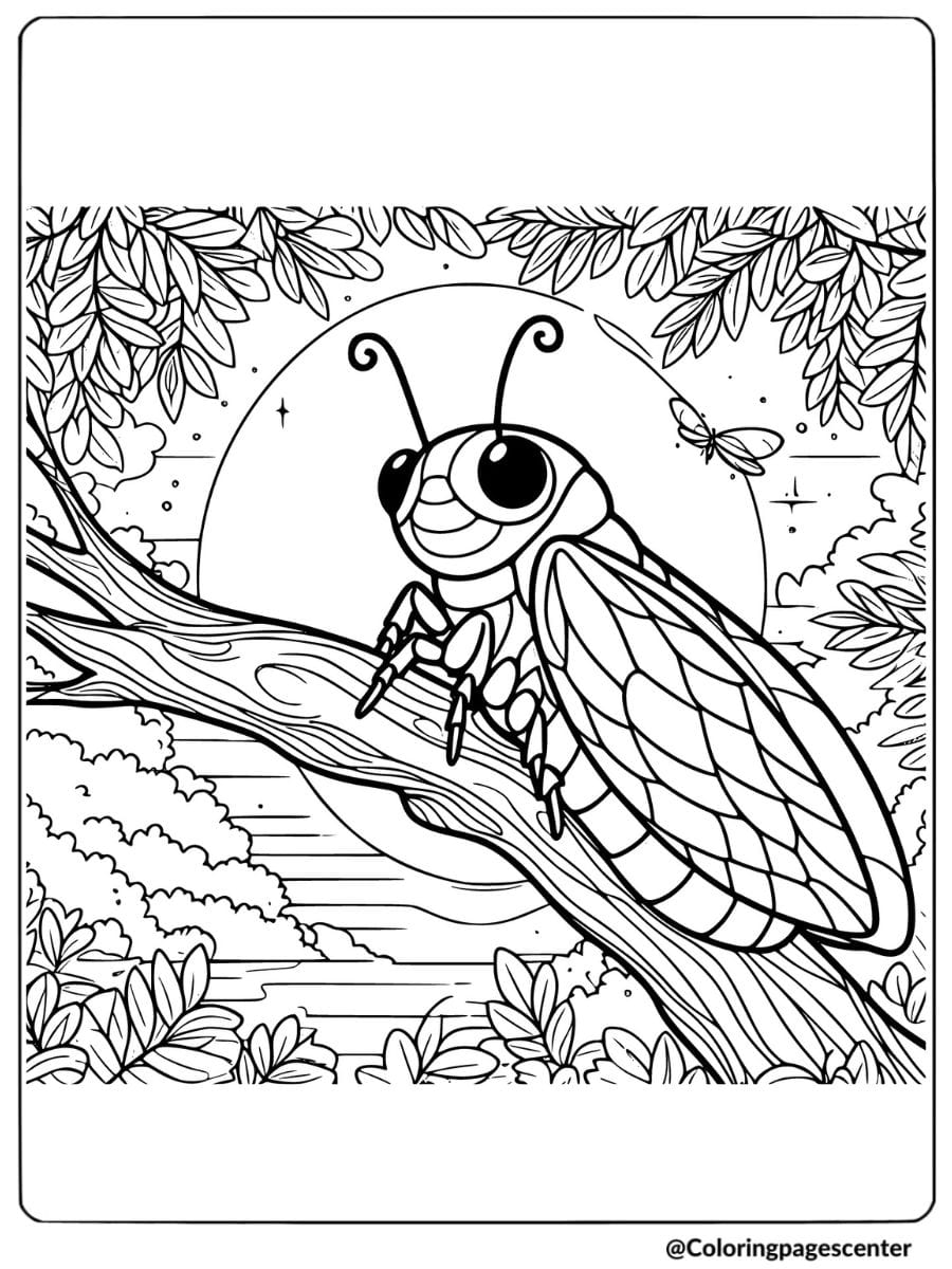 Coloring page of a cicada bug perched on a branch