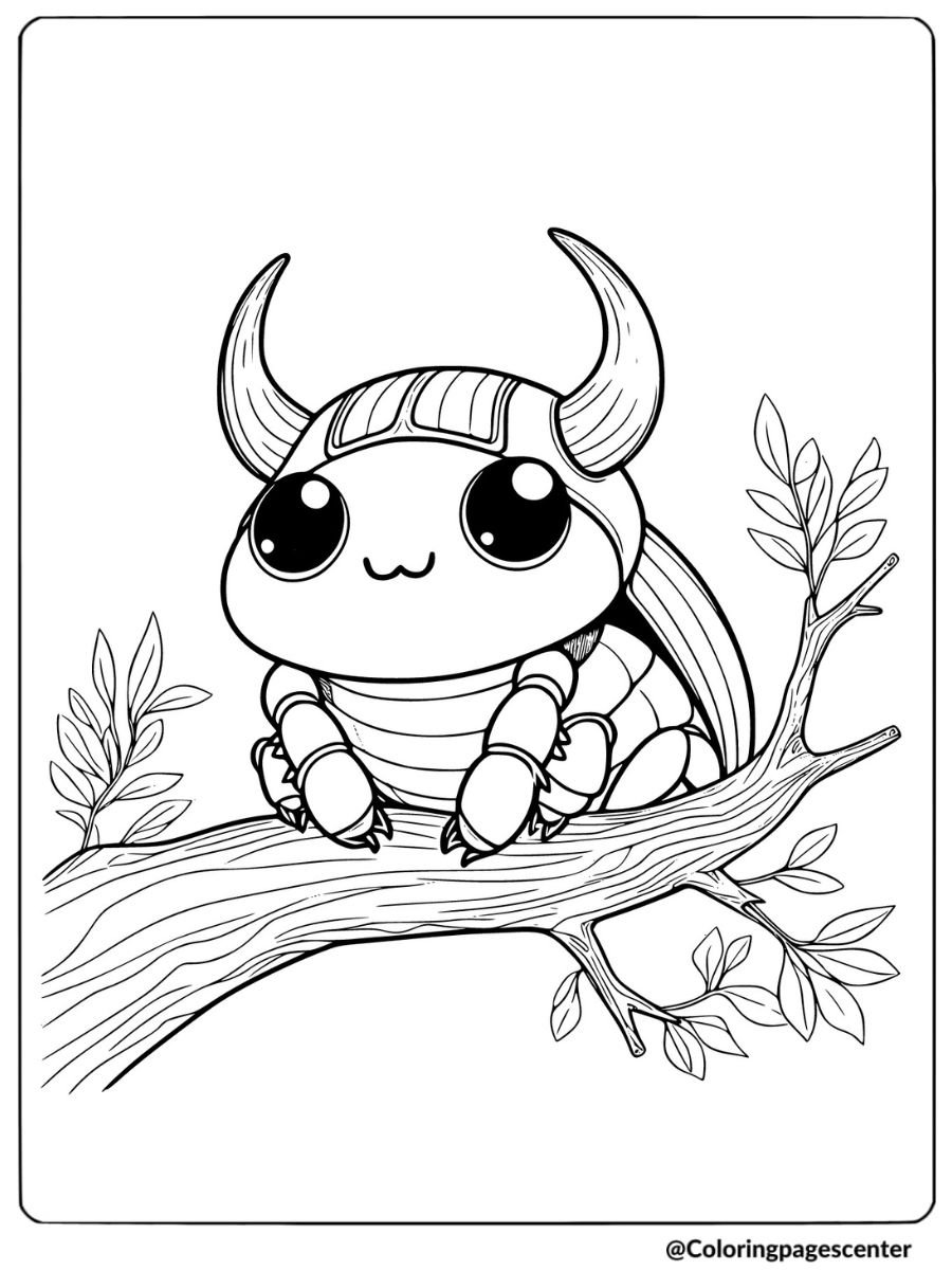 Coloring page of a cute beetle insect on a branch