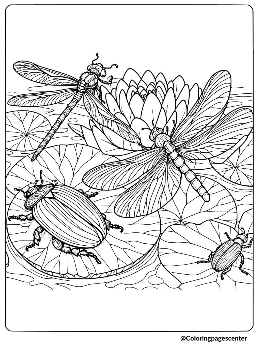 Coloring page featuring dragonfly and beetle insects on lily pads