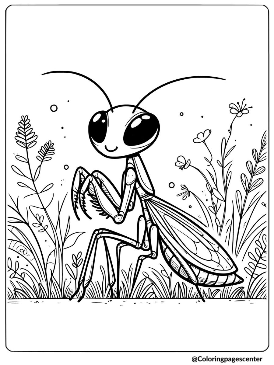 Coloring page of a cute mantis insect in grass