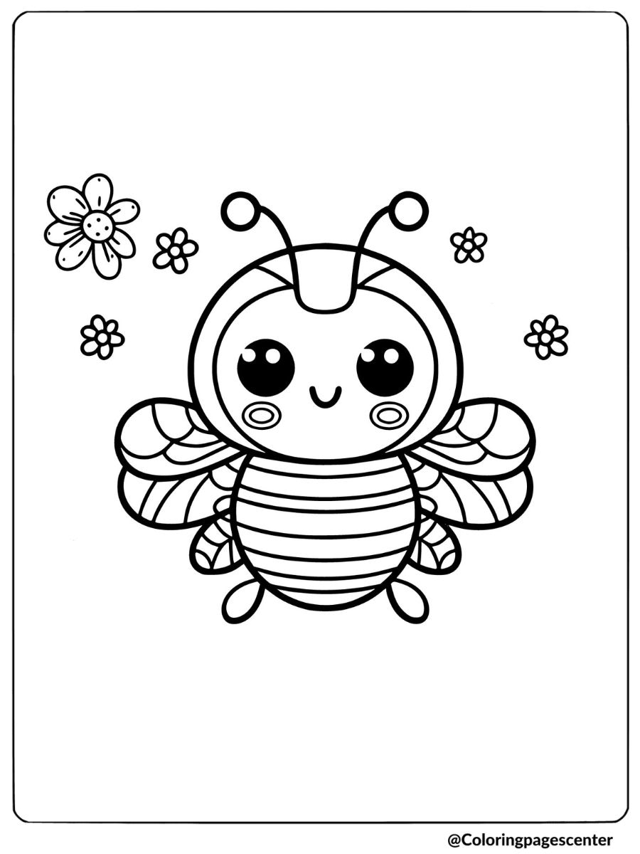 Coloring page of a smiling bee insect surrounded by flowers