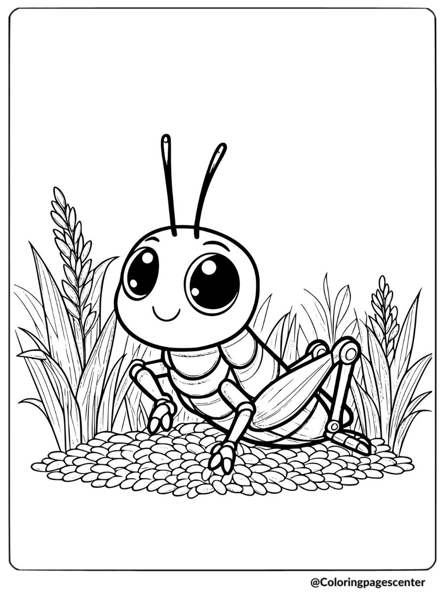 Coloring page of a smiling grasshopper bug in a field