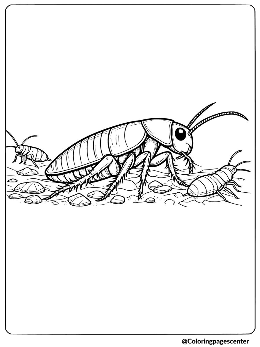 Coloring page of a large cockroach insect with two smaller bugs