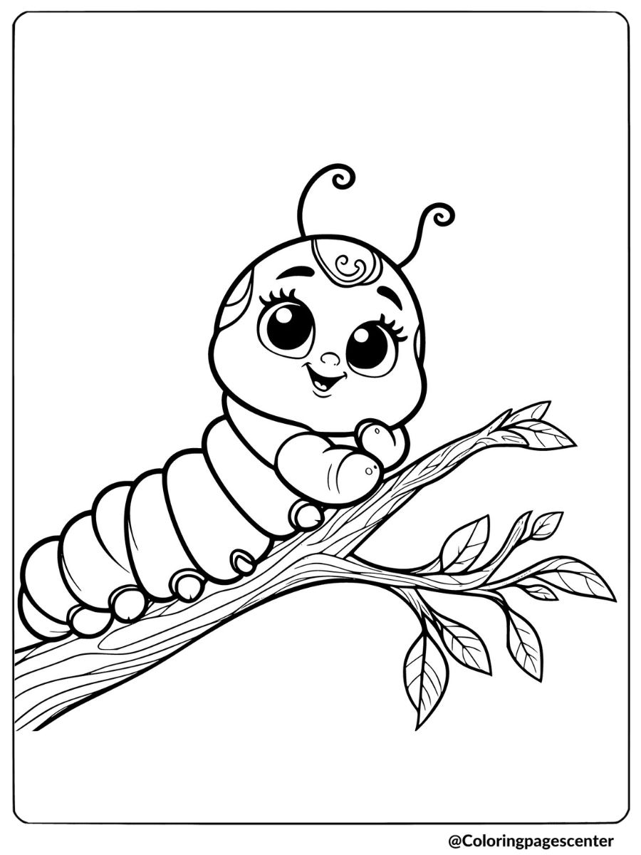 Coloring page of a cute caterpillar insect on a tree branch