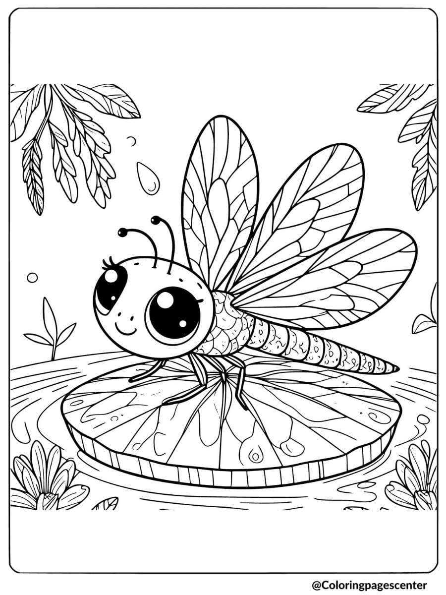 Coloring page of a cute dragonfly bug resting on a lily pad