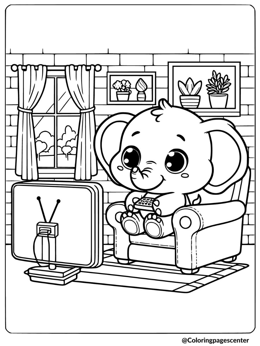 Cartoon elephant watching TV in cozy room coloring page