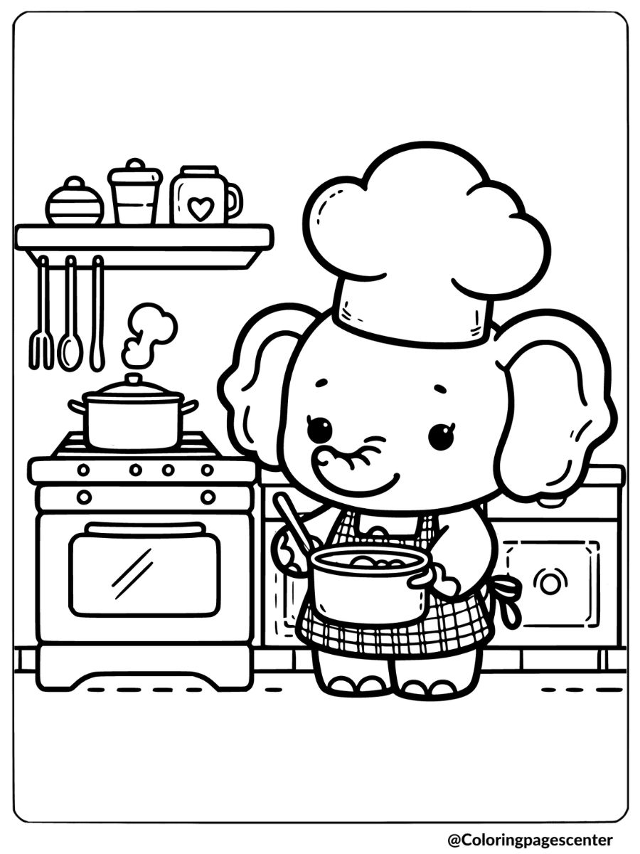 Cute cartoon elephant chef stirring a pot coloring page