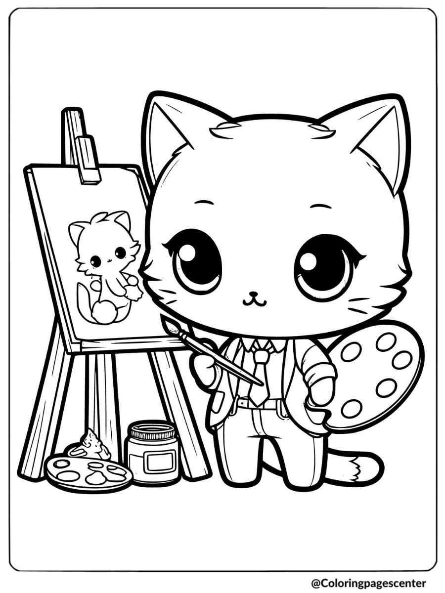 Chibi cat painting on canvas coloring page