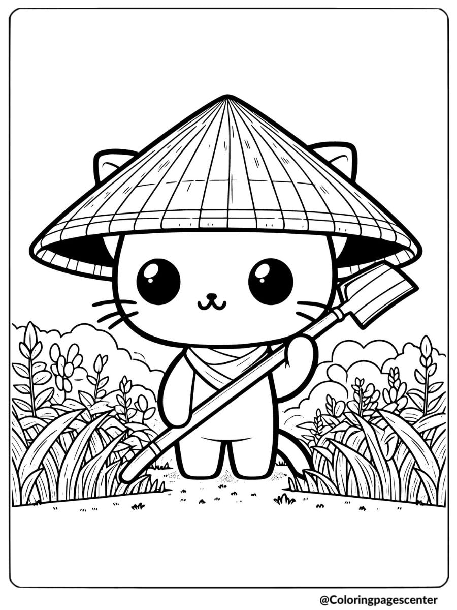 Cute chibi cat farmer in field with rice hat coloring page