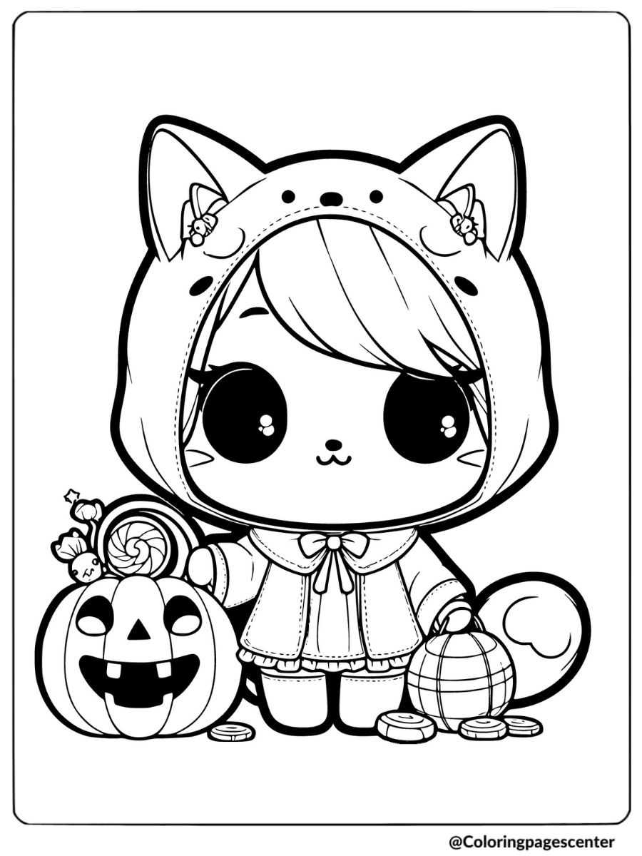 Halloween chibi cat with pumpkin coloring page