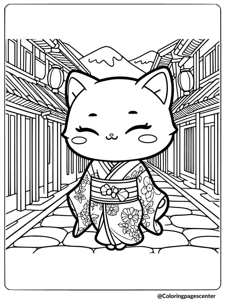 Chibi cat in kimono walking through street coloring page