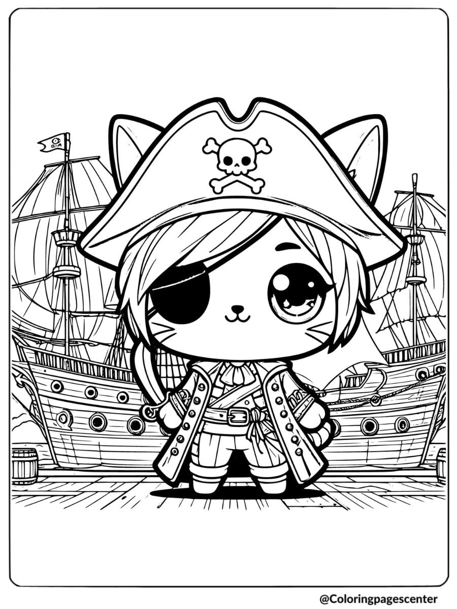 Cute chibi cat pirate with ship coloring page