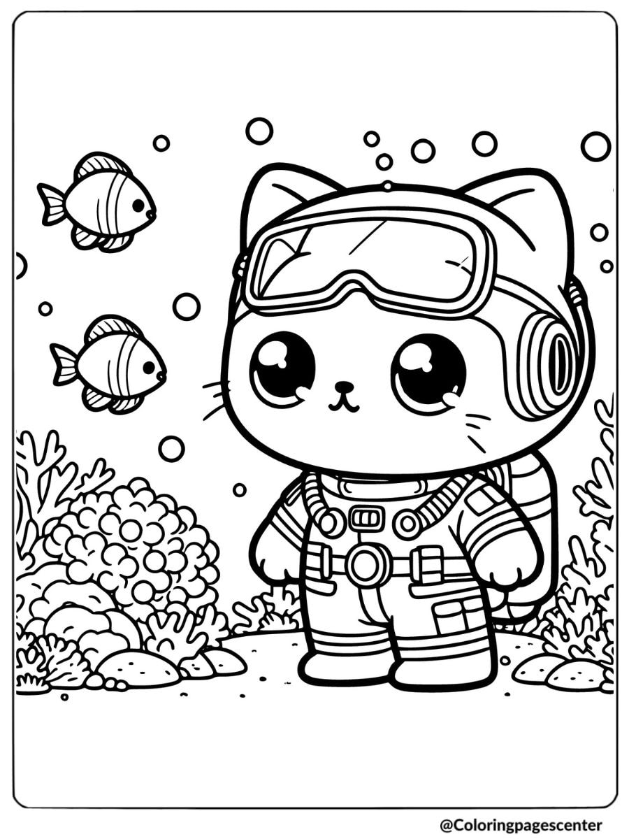 Chibi cat scuba diving with fish coloring page