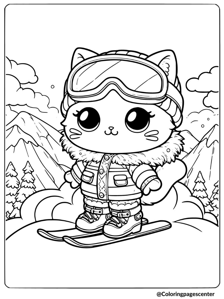 Chibi cat skiing in snowy mountain coloring page