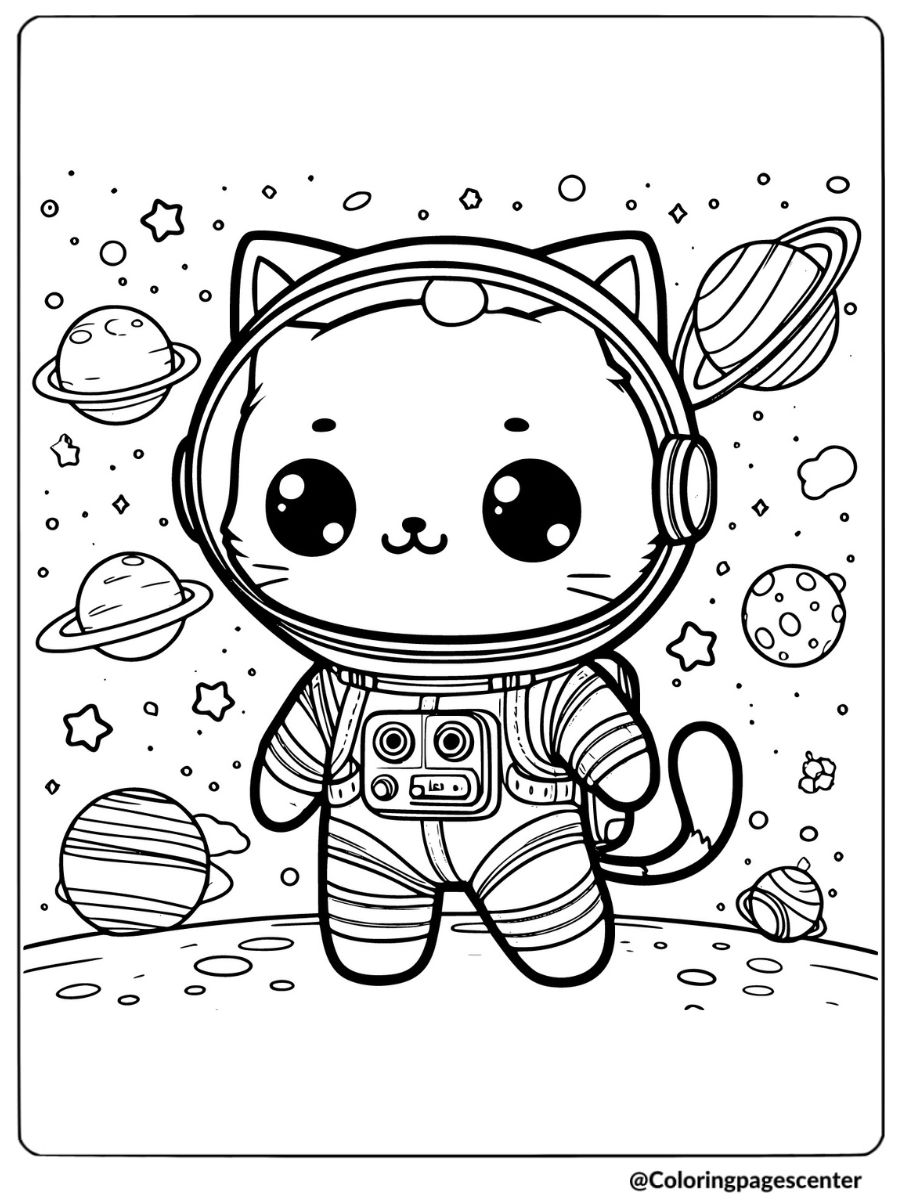 Chibi cat astronaut exploring planets coloring page