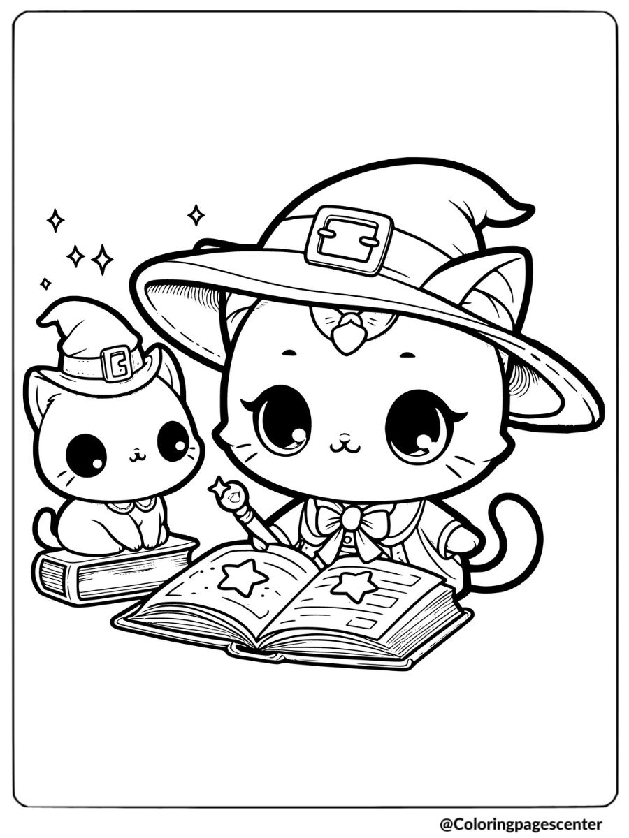 Chibi cat wizard with magic spellbook coloring page