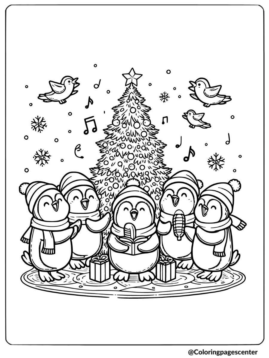 Christmas animal coloring page with caroling penguin group