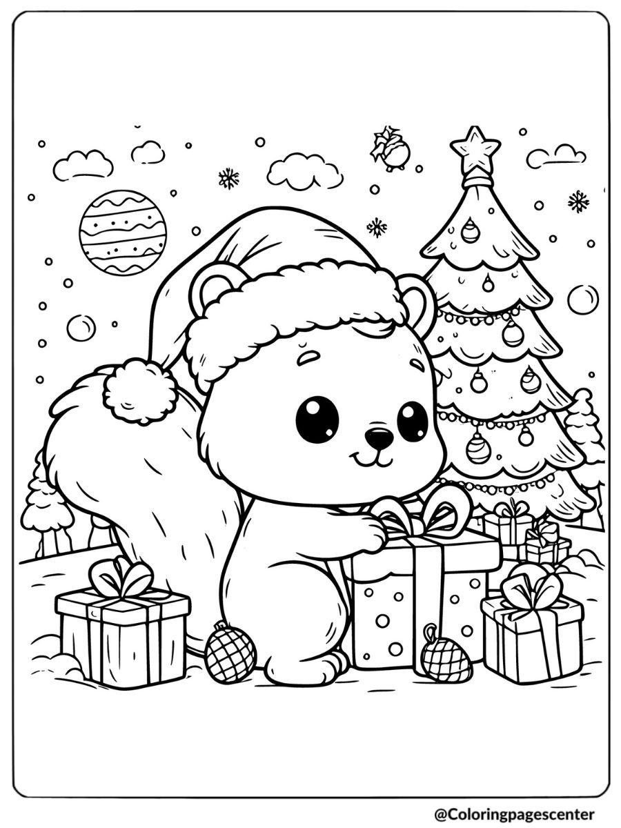 Christmas animal coloring page with bear and holiday gifts