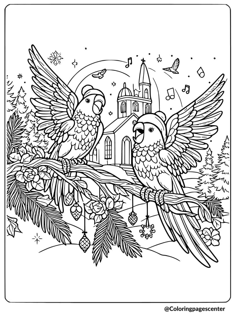 Christmas animal coloring page with winter birds and church