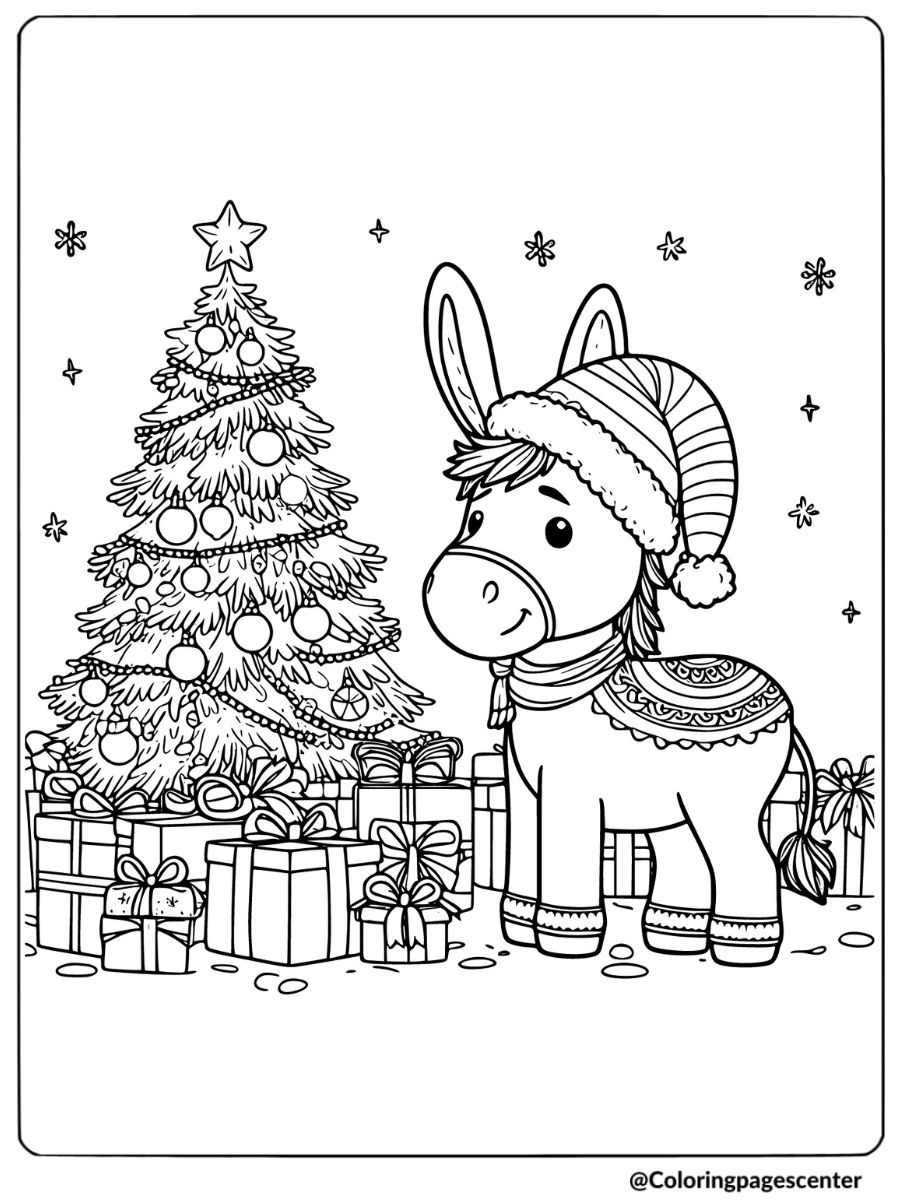 Christmas animal coloring page with festive donkey and tree