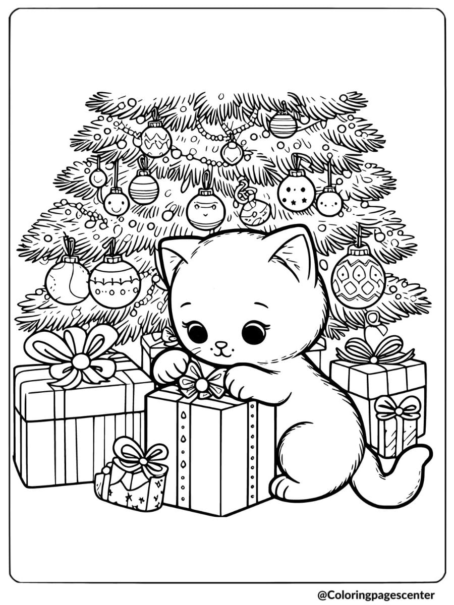 Christmas animal coloring page with kitten by gift