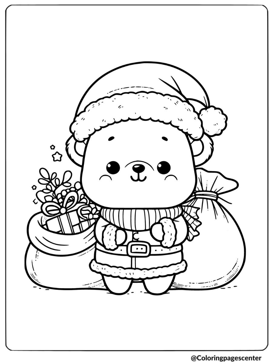 Christmas animal coloring page with bear dressed as Santa