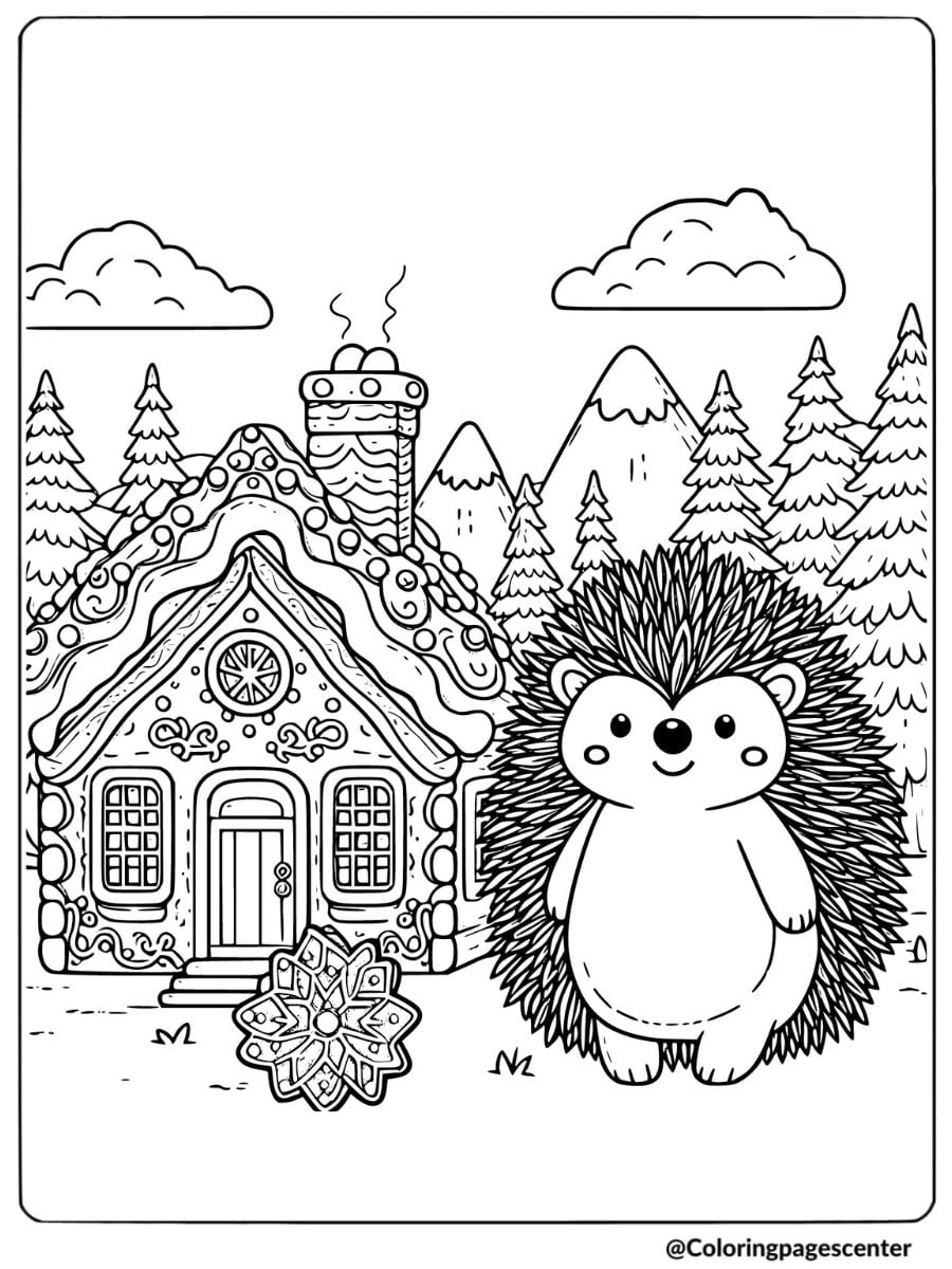 Christmas animal coloring page with hedgehog and cottage