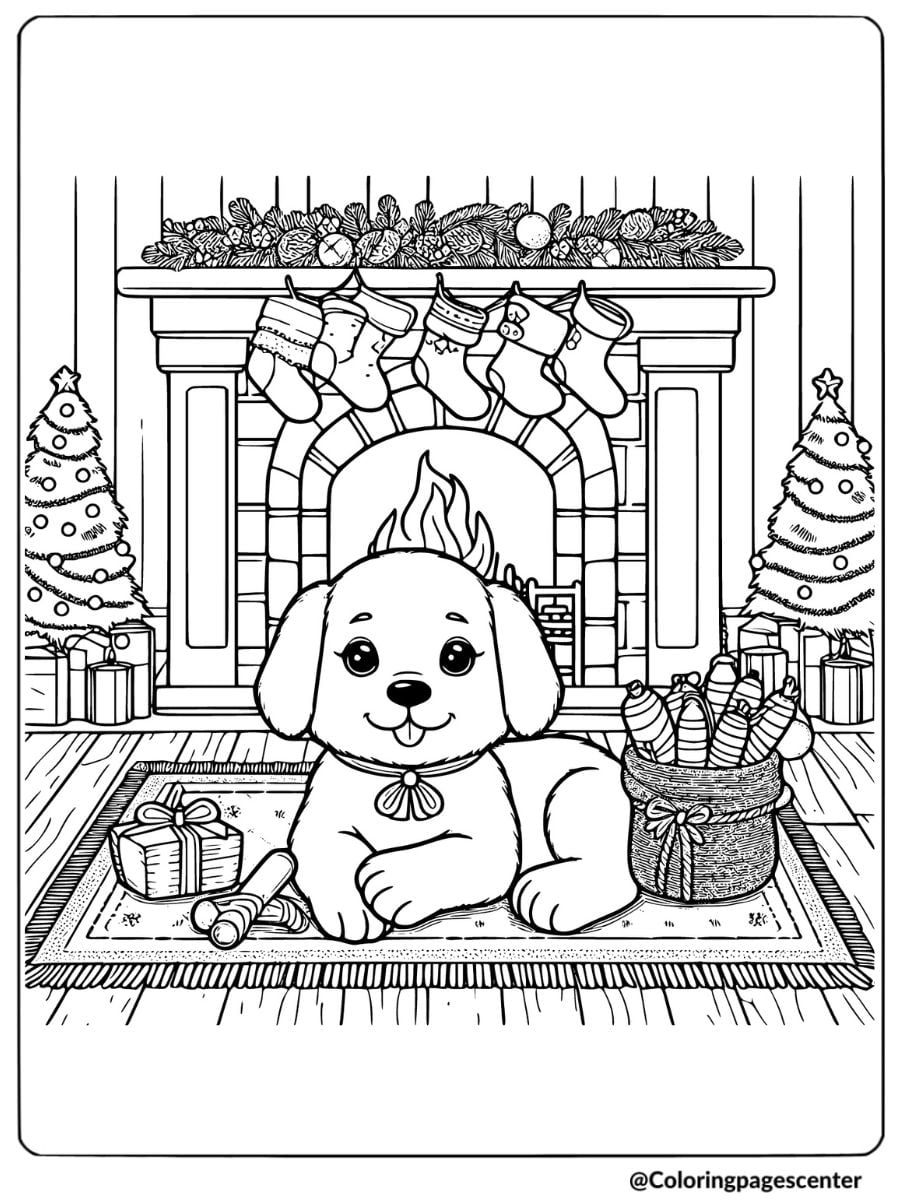 Christmas animal coloring page with puppy by cozy hearth