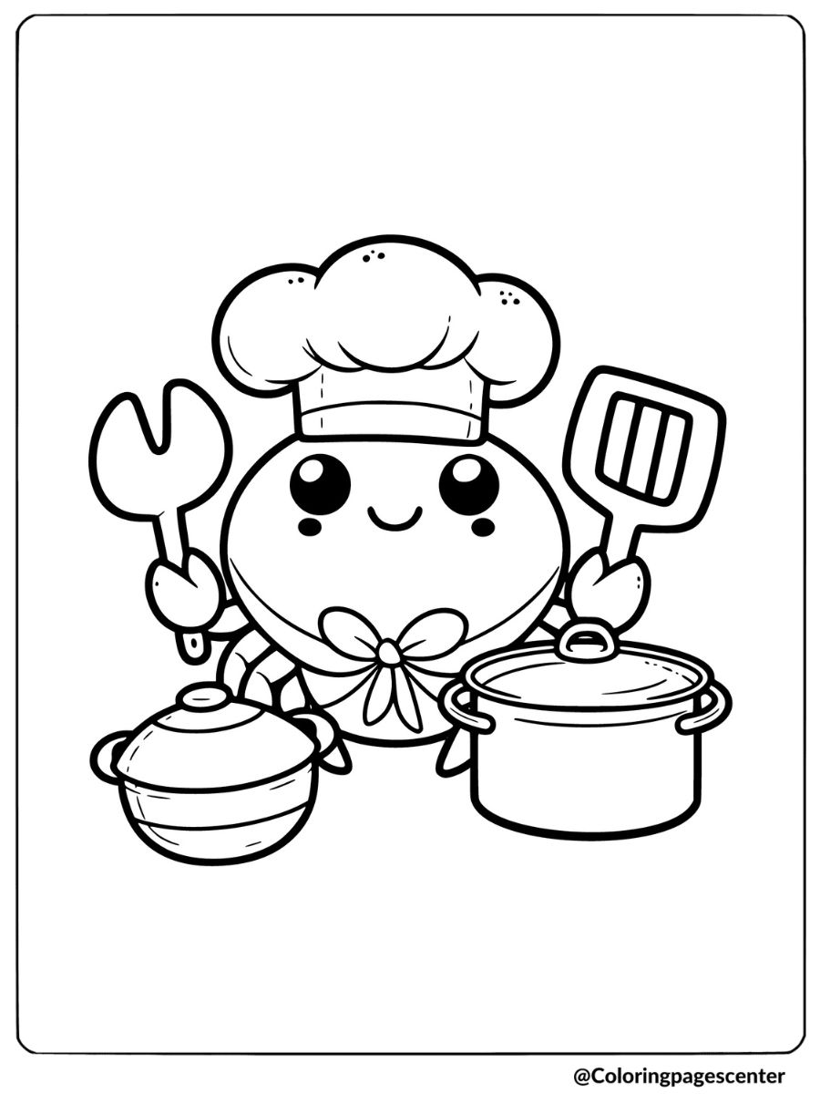 Cute crab chef holding kitchen utensils coloring page