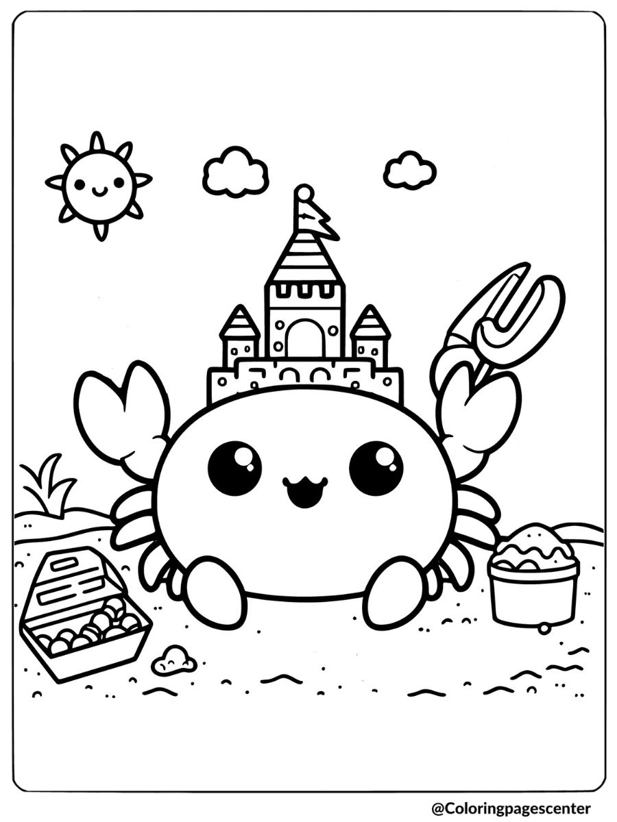 Cute crab building sandcastle on beach coloring page