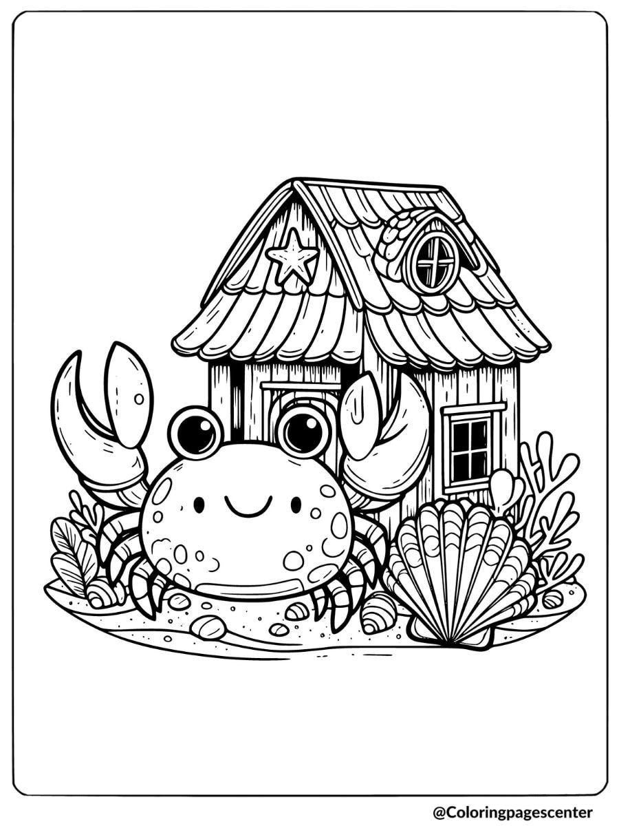 Cute crab near beach house with shells coloring page