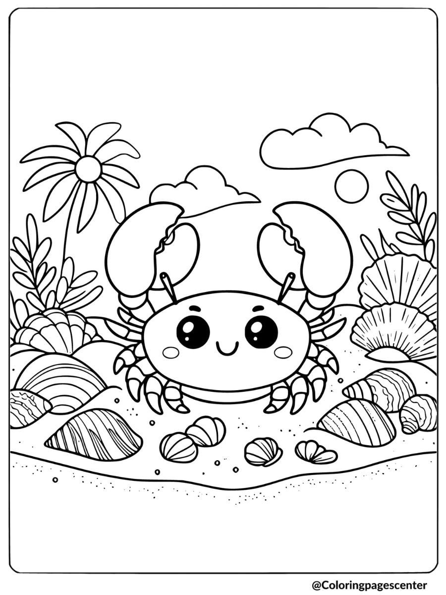 Cute crab with beach scene coloring page