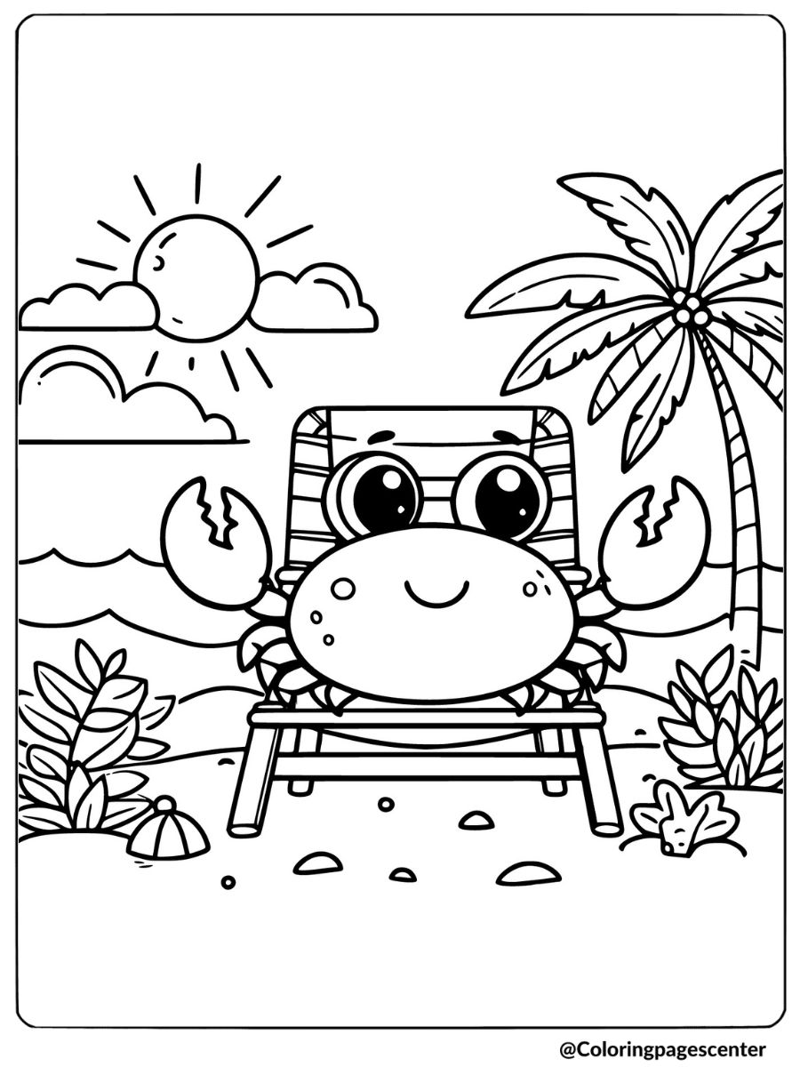 Cute crab lounging on a beach chair coloring page