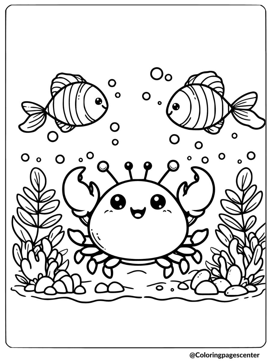 Cute crab with two fish underwater coloring page