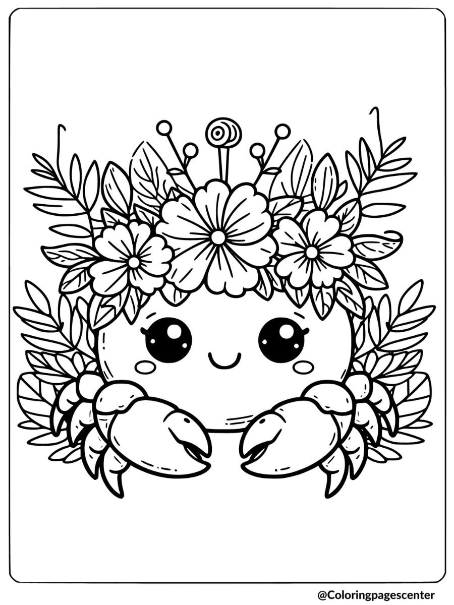 Cute crab wearing floral crown coloring page