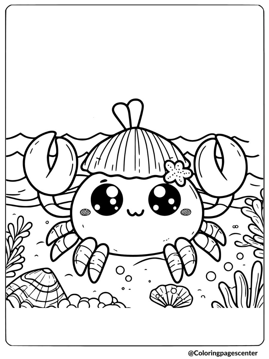 Cute crab wearing a shell hat coloring page