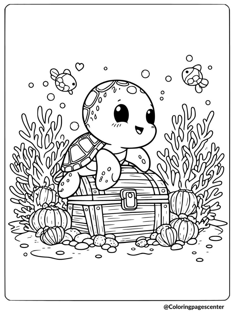 Coloring page of a cute turtle sitting on a treasure chest