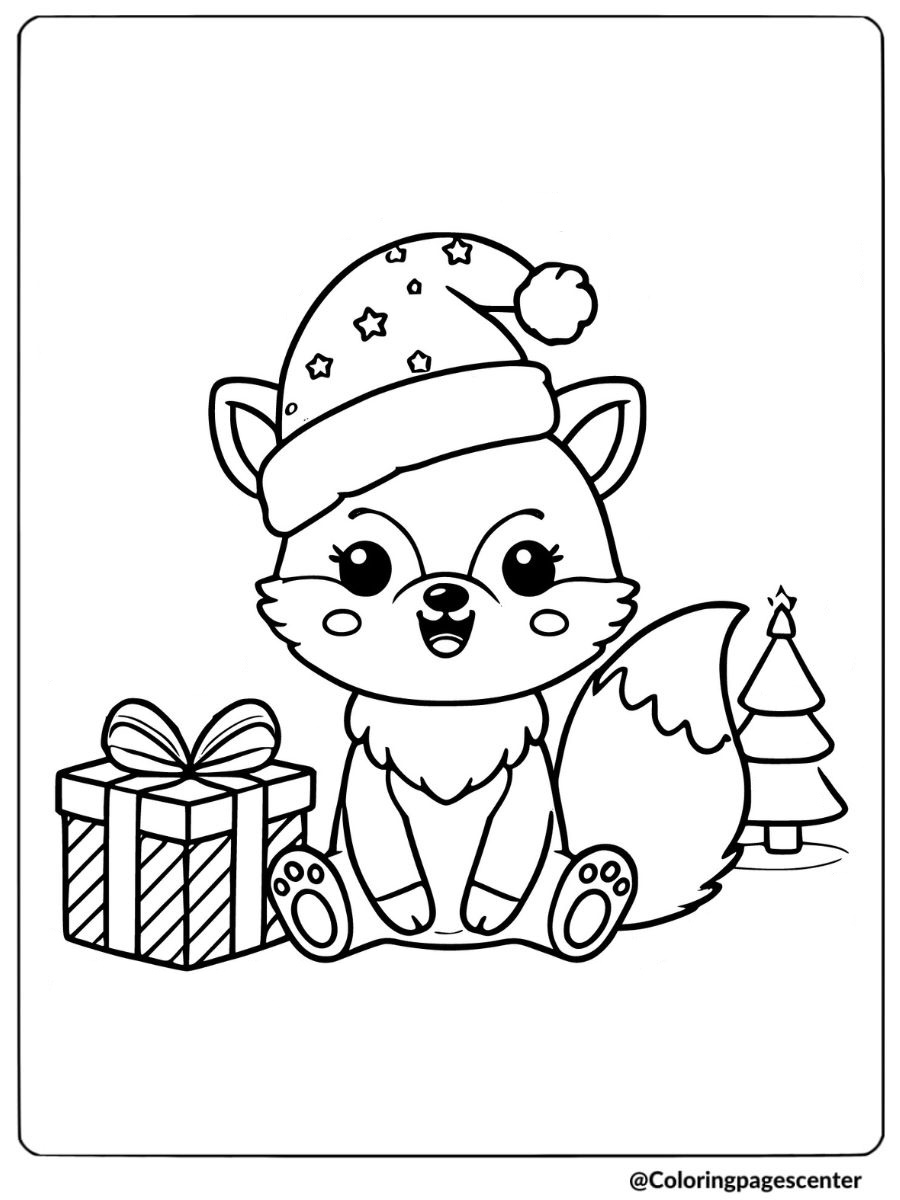 Coloring page of an easy fox with Santa hat and gift box