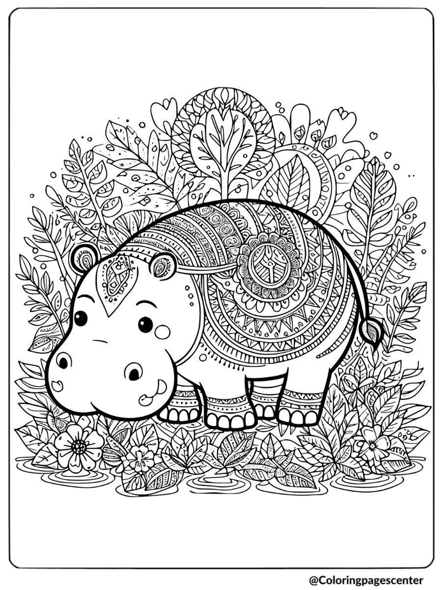 Floral-themed hippo coloring page for adults